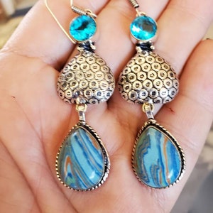 Teardrop Blue Rainbow Calisica  and Aqua  Quartz Earrings !