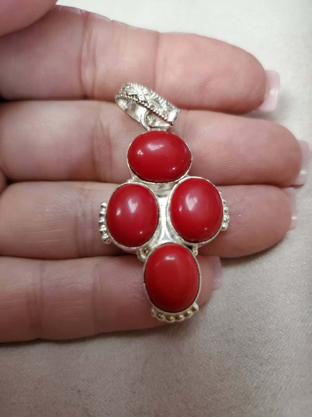 Four Stone Red Coral Pendant Etsy