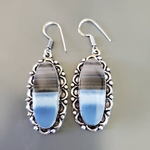 Long Oval Gray and Smoky Blue Botswana Agate Earrings!