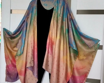 Rainbow Peacock Feather Ruana: Reversible Pashmina Cape Shawl