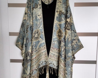 Gray Beige Gold Floral Topper Reversible Long Flowing ScarfVest Kimono Wrap Lagen Look Robe Cape Lightweight Poncho made from Pashmina