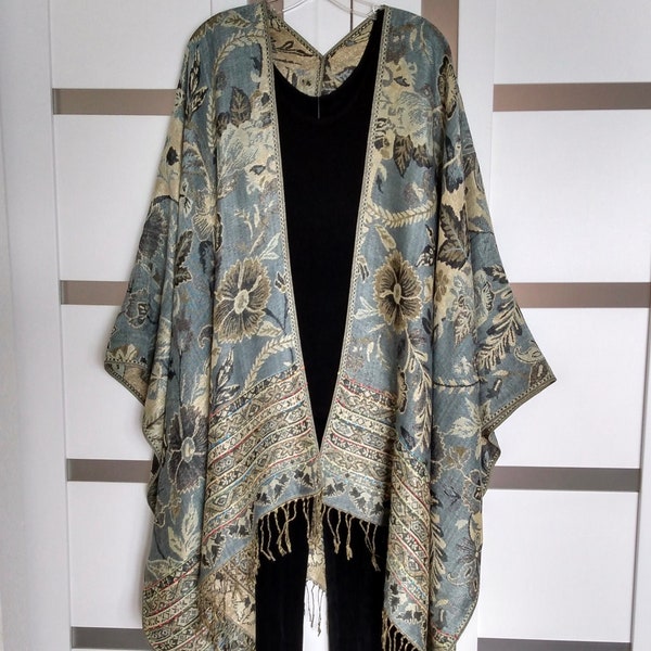 Gray Beige Gold Floral Topper Reversible Long Flowing ScarfVest Kimono Wrap Lagen Look Robe Cape Lightweight Poncho made from Pashmina