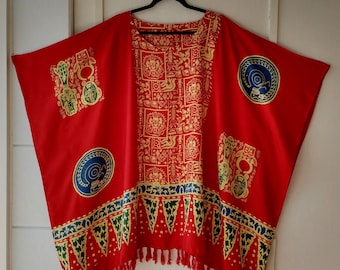 Red Tribal Rayon Caftan, Boho Chic Swim Coverup, Plus Size