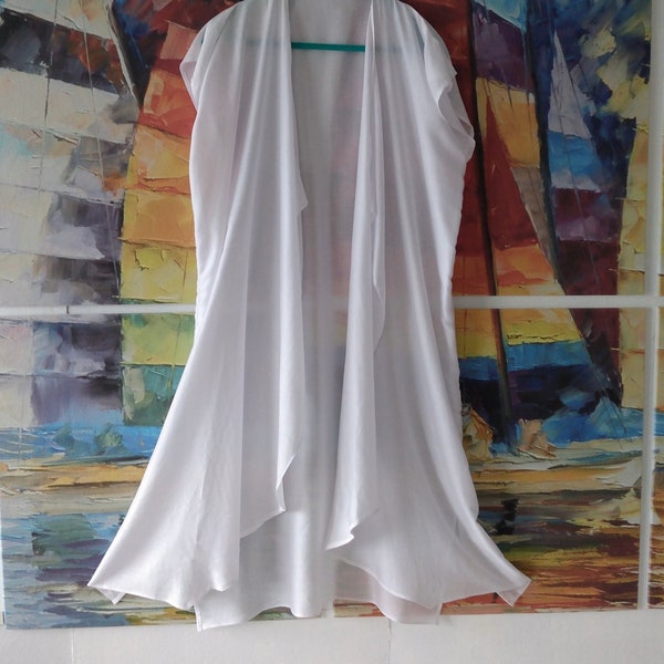 White Lightweight Rayon Topper Long Flowing Robe Kimono Boho Chic Tunic Lagen Look Duster, Easy Care Wear Casual Dressy or Swim Yoga Coverup