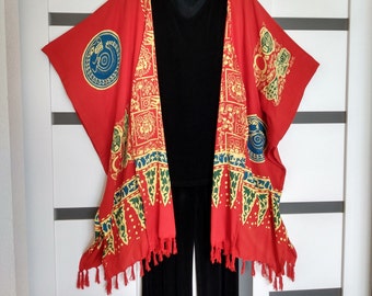 Red Batik Rayon Caftan Topper, Tribal Print Swim Coverup