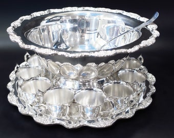 Silver Plate Punch Bowl Set Tray 12 Cups Ladle Grand Duchess Towle