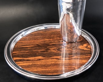 Vintage Silver Plate And Wood Formica Cocktail Serving Tray Bar Tray