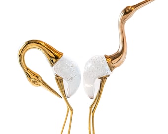 Tall Brass Crane Statues With Murano Glass Sculptures Pair