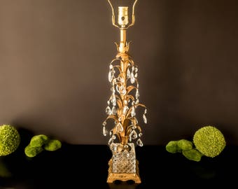 Vintage Italian Tole Gold Gilt Crystal Table Lamp Hollywood Regency Glam