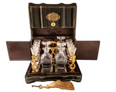 Antique French Tantalus Box With Baccarat Crystal Cordial Decanter Set Gilt Bronze