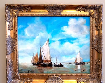 Gold Framed Oil Painting Dutch Smalschips And Rowboat Antique Style Hand Painted