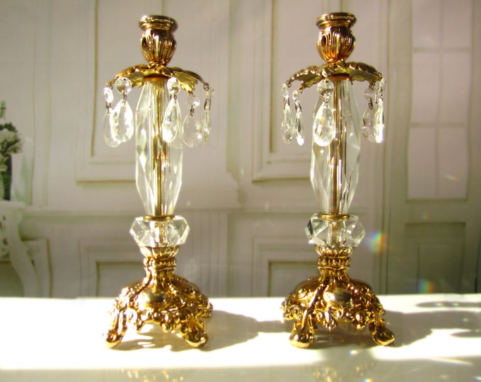 Vintage Candle Holders Cut Crystal and Brass Gold With Crystal Prisms Tall Hollywood Regency