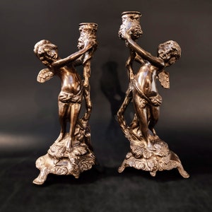 Pair Bronze Cherubs Candle Holders Candlesticks Putti
