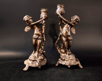 Pair Bronze Cherub Statues Angel Putti Candle Holders