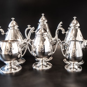 Antigo conjunto de chá em prata, serviço de café, flor, remate Gorham, prata soldada, 1869