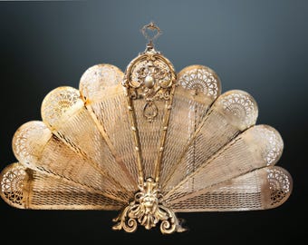 Antique Bronze Fireplace Screen Fan Napoleon III Lion Face