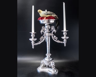 Antique 1854 Martin Hall & Co Silver Plate Epergne, Figural Griffin Elephant Candelabra