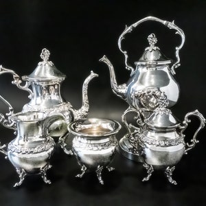 Conjunto de chá de prata vintage, conjunto de serviço de café com bule basculante Birmingham Silver Co