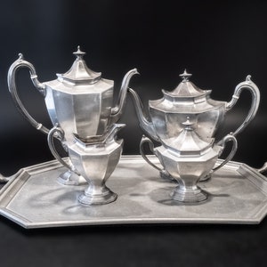 Vintage Pewter Coffee Tea Set Service With Tray Reed Barton Sierra 3690