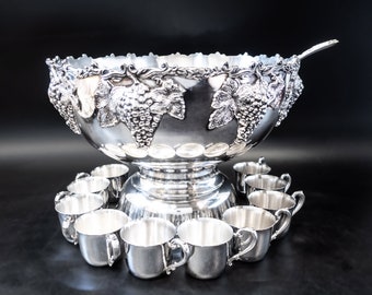 XL Silver Plate Punch Bowl Set Beverage Chiller With 12 Cups