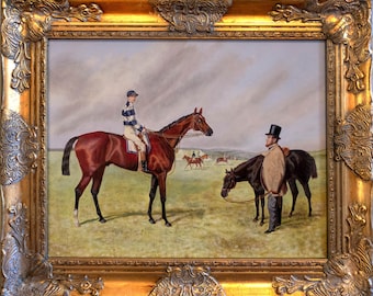 Antique Style Horse Racing Oil Painting, Jockey Portrait, Gilded Frame, Equestrian Art