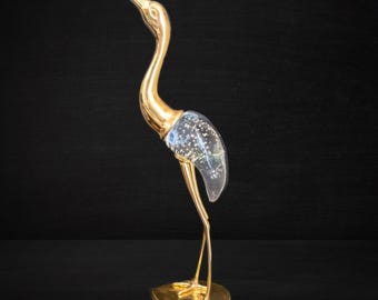 Tall Brass Crane With Blown Murano Glass Sculpture Statue