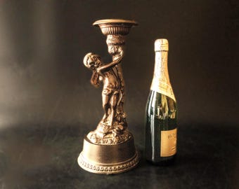 French Bronze Cherub Sculpture 14.5" Tall Angel Putti Figurine Candle Holder
