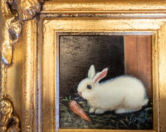 Gilded Framed Small Oil Painting Bunny Rabbit And Carrot Antique Style Hand Painted