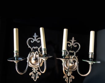 Antique Pair Bronze Brass Candlestick Sconce Lights BOTH WORK