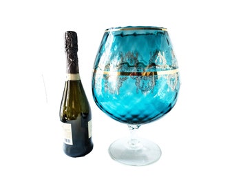 Giant Vintage Italian Turquoise Aqua Blue and Gold Murano Crystal Bowl Brandy Snifter