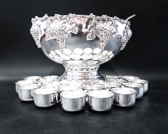 Huge Silver Plate Punch Bowl Beverage Chiller With 18 Cups IOB With Dust Cover