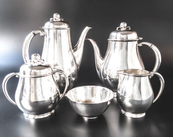 Vintage Wilcox IS Silverplate Tea Set, 5-Piece Apple Finial Coffee Service 2601-2605