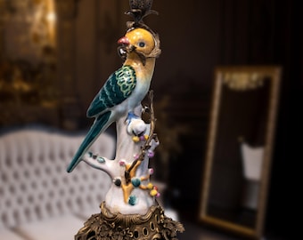 Bronze and Porcelain Parrot Candle Holder 15" Tall