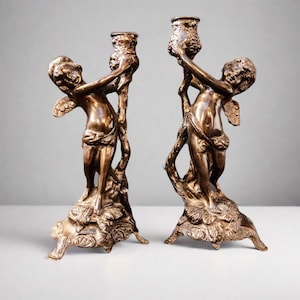 Vintage Bronze Pair Cherub Candle Holders Candlesticks Putti