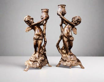 Vintage French Bronze Cherub Statues Pair Heavy Winged Putti Angel Candle Holders