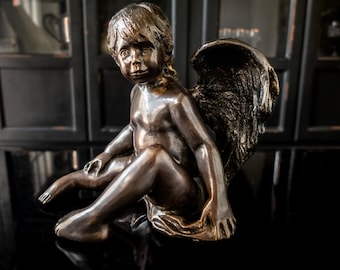 Bronze Winged Cherub Statue Sculpture L'Allouette