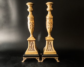 Vintage Castilian Brass Candle Holders 18 Inch Tall Ornate Grecian Style Candlesticks Pair