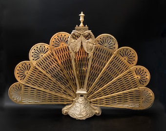 Antique Brass Fireplace Screen Fan Phoenix Birds