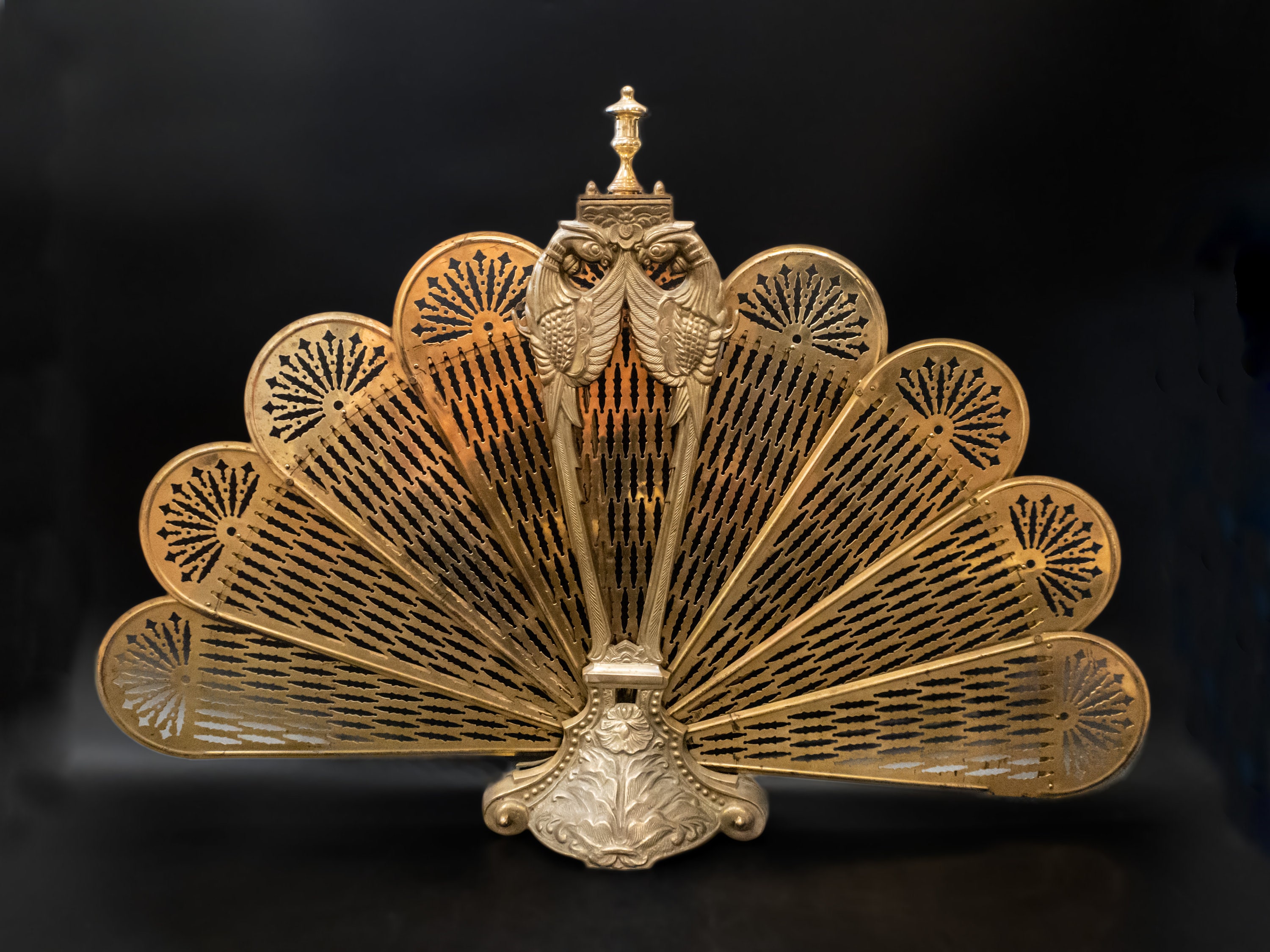 Antique Shell peacock Fireplace / Folding Screen / Brass Fireplace Fan /  Victorian Brass / RARE Heavy Screen / French Brass / Antique Rare 