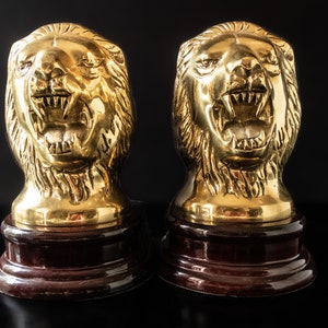 Vintage Brass And Wood Lion Head Bookends Statues Sculpture Bookends
