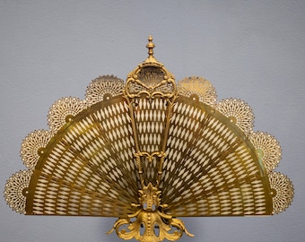 Antique Bronze Fireplace Screen Peacock Fan Louis XV Style
