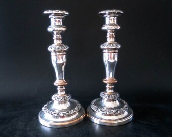 George IV Silver Plate Candle Holder Pair: Antique Old Sheffield Candlesticks