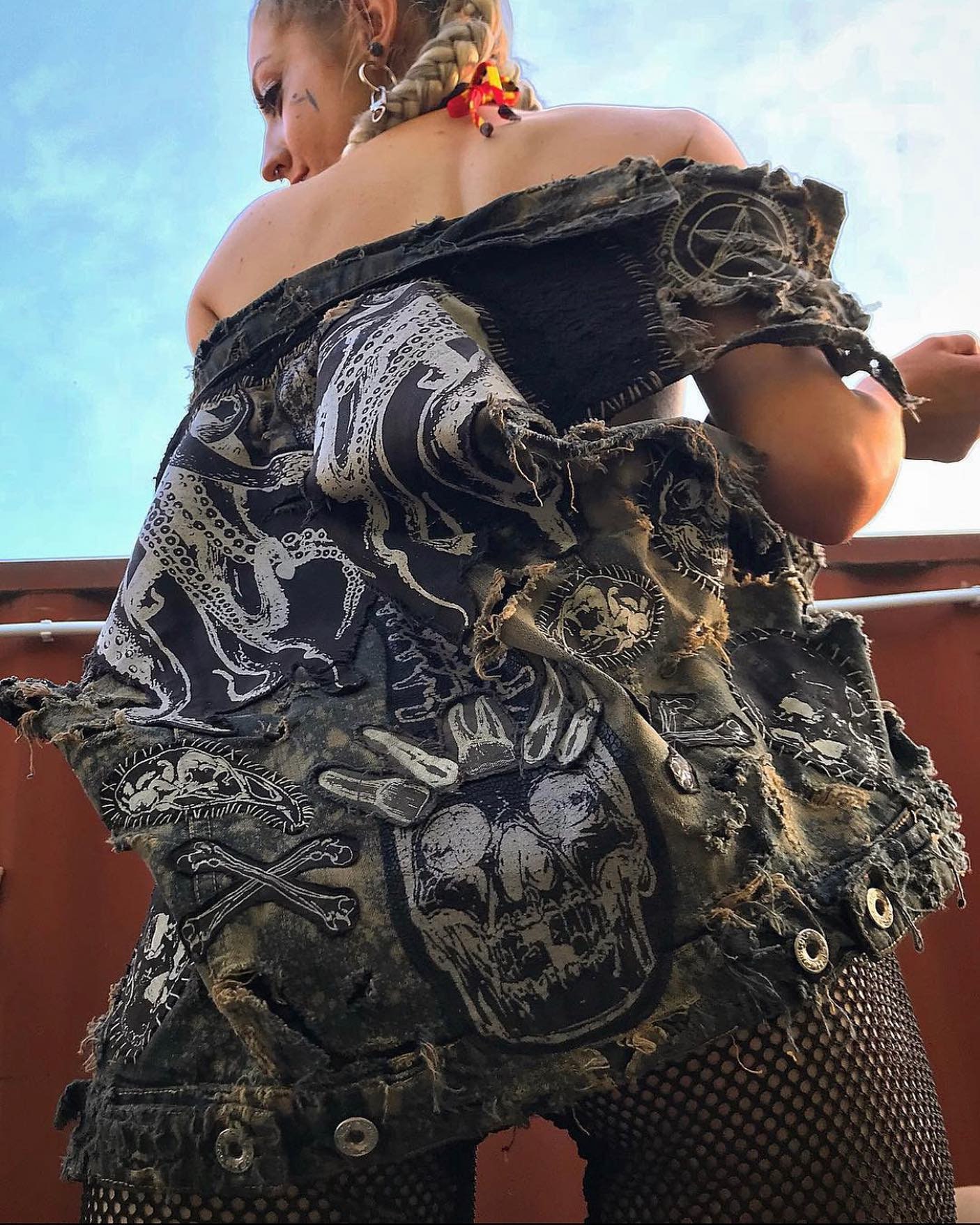 Bleached Occult Zombie Acid-Washed Distressed Punk Denim Vest Custom