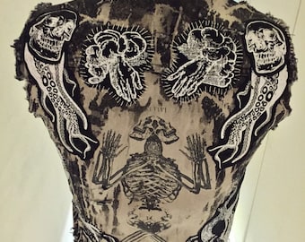 Custom Bleached Occult Zombie Acid-Washed Distressed Punk Denim Vest made to order