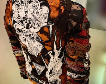 Kali Goddess Distressed Denim Jacket with Patches and Acid Wash