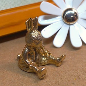 May include: A small, gold-colored bunny figurine in a seated position. The bunny has detailed features and is sitting on a brown surface. A white daisy-shaped brooch with a gold center is also visible.