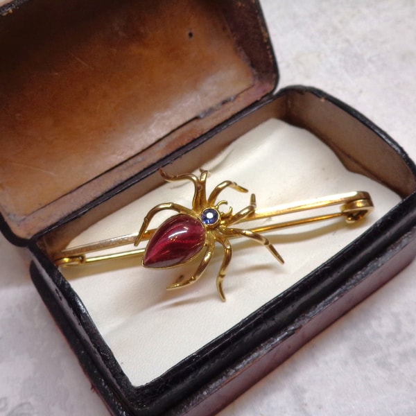 Antique Victorian Sapphire & Almondine Garnet Spider Bar Brooch - 15ct Gold