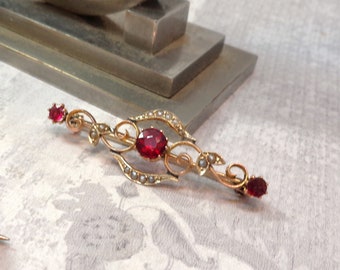 Rare Antique Art Noveau Red Spinel & Seed Pearl Brooch