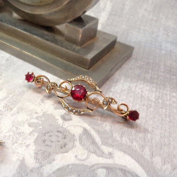 Rare Antique Art Noveau Red Spinel & Seed Pearl Brooch