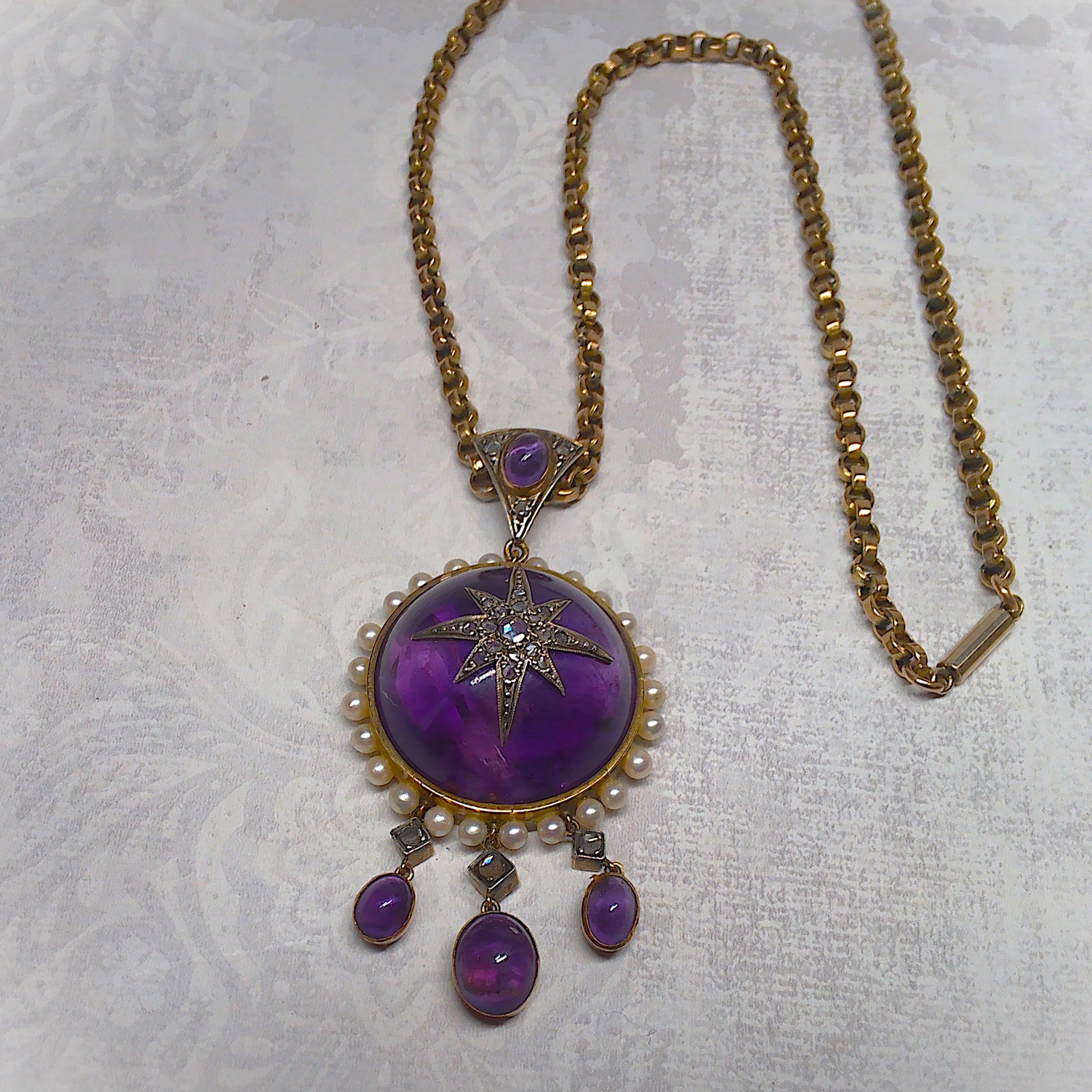Spectacular Antique Victorian 115ct Cabouchon Amethyst Necklace